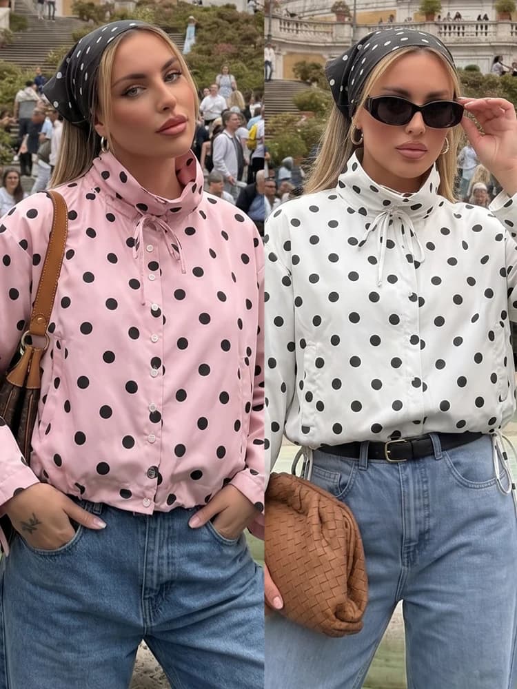 HH Women Fashion Polka Dot Drawstring Jacket Stand Long Sleeve Single Breasted Elegant Coat Autumn Female Country Look Outwear