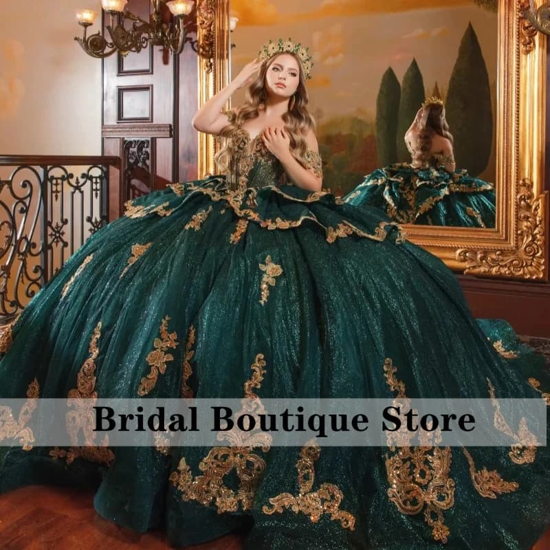 Shiny Dark Green Quinceanera Dress off-shoulder Golden Glitter Crystal Decal Layering Long tail Bow vestidos de 15 Quinceanera
