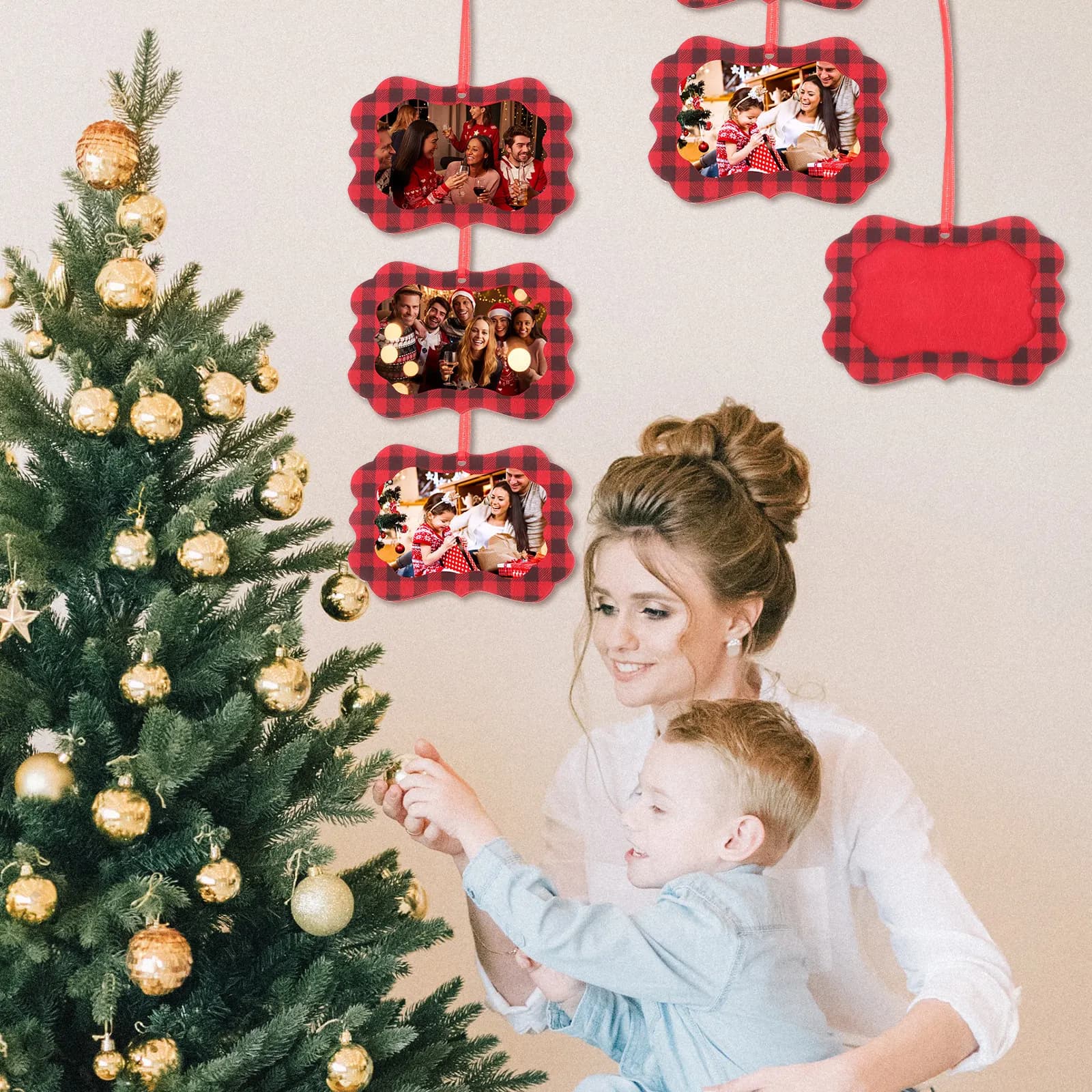 12 Pezzi Decorazioni Natalizie in Feltro a Forma di Albero, Cornici Portafoto da Appendere, Ornamenti Natalizi Fai-da-Te, Cornici Creative per Foto Festive