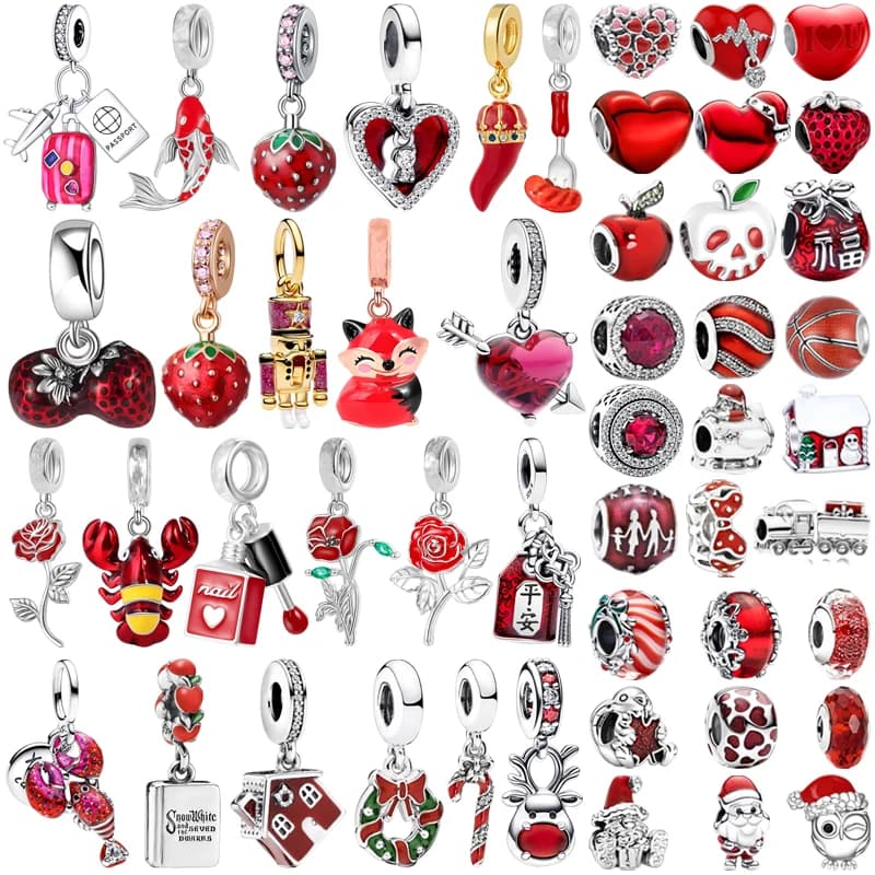 2026 NUOVA serie rossa scintillante con perline di fascino clip adatta braccialetto d'argento originale gioielli fai da te regalo di Natale renna moto ciondola