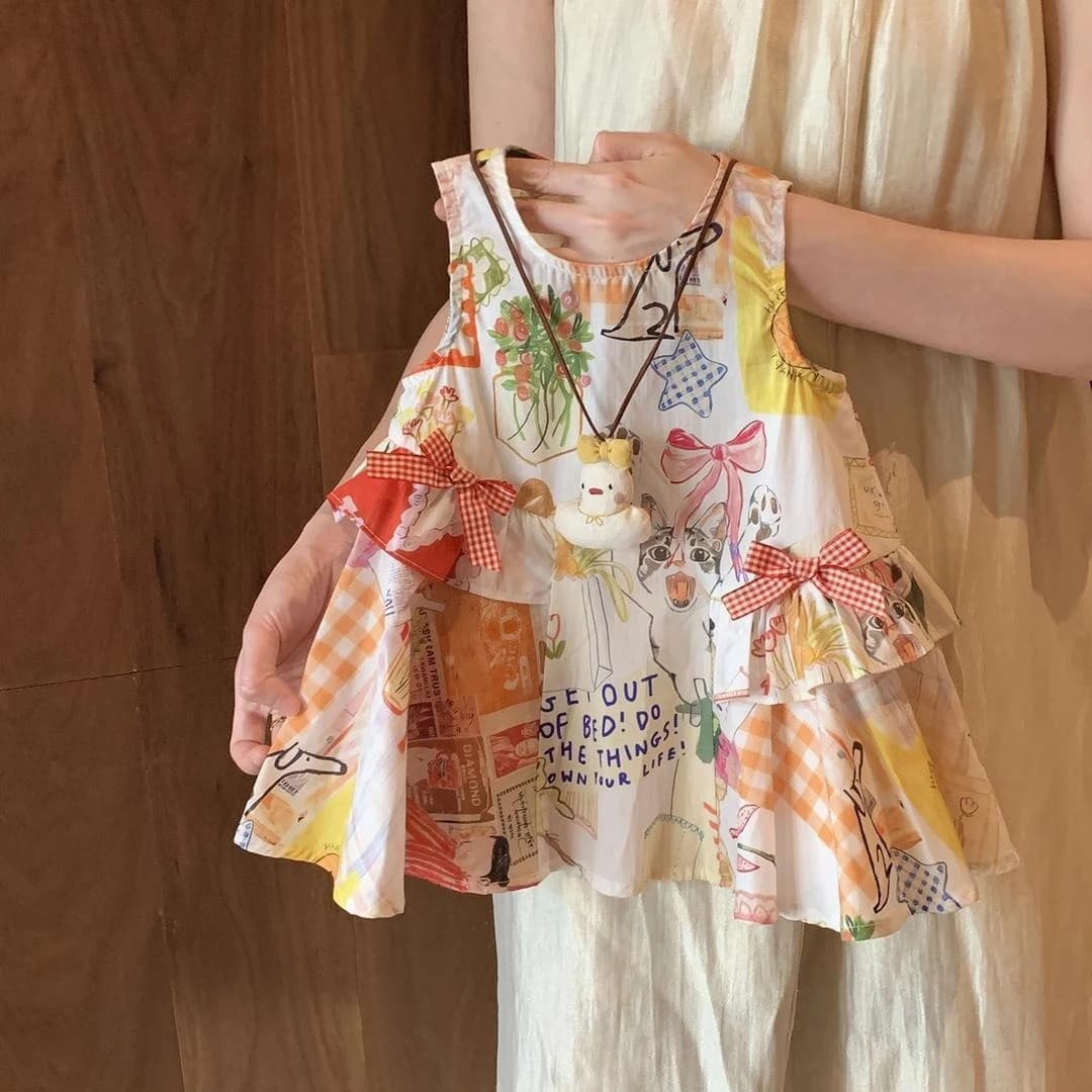 Nuovo Vestito Estivo Stile Vacanza con Collo Tondo Senza Maniche e Pizzo Irregolare Versione Coreana per Bambine 3-7 Anni