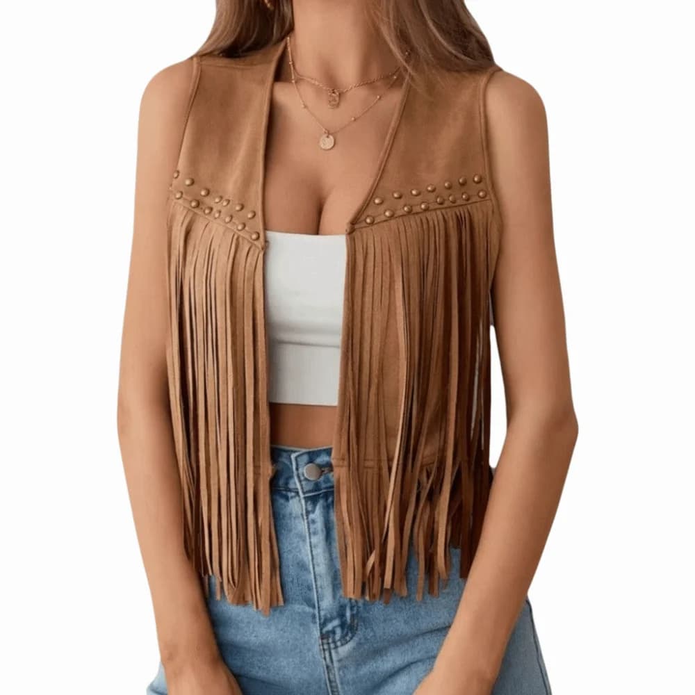 Fashionable Retro Fringed Vest Rivet Detailing Open Front Suede Vest Black/Brown Western Jacket for Women