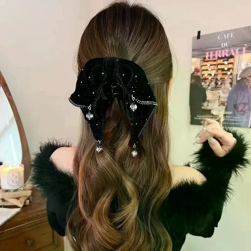 Fermaglio per capelli francese elegante da donna, fiocco in velluto con strass, coda di cavallo, artiglio per capelli, squisita clip di squalo, accessori per capelli alla moda