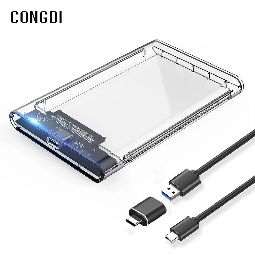 Custodia per disco rigido esterno da 2,5 '' Adattatore USB 3.0 / 3.1 da USB C a SATA III HDD Custodia per disco rigido esterno trasparente gratuita da 5 Gbps