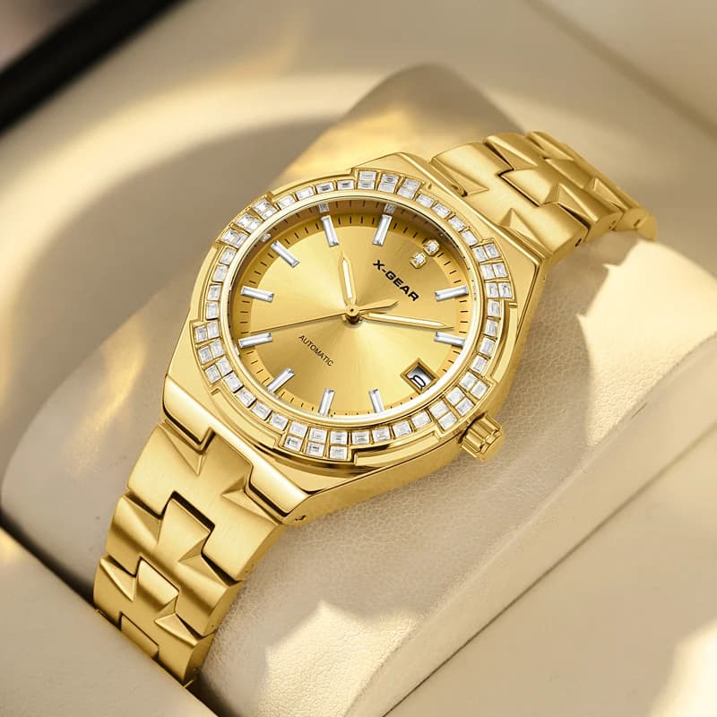 Luxury Business Women's Watch with Diamond Case Calendar Stainless Steel Strap & Mechanical Movement Watch Woman