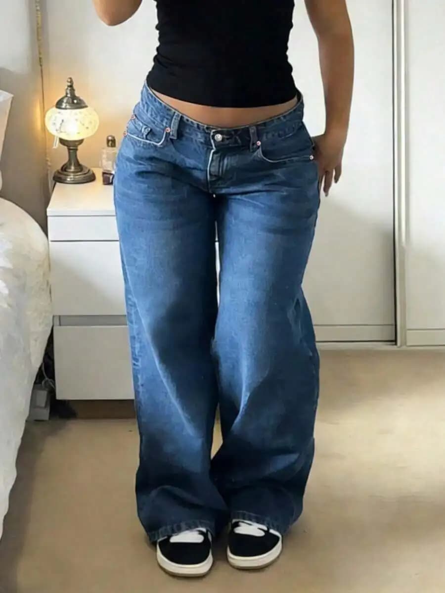 Jeans da Donna a Vita Bassa e Gamba Larga, Stile Vintage Lavato e Usurato, Casual Streetwear