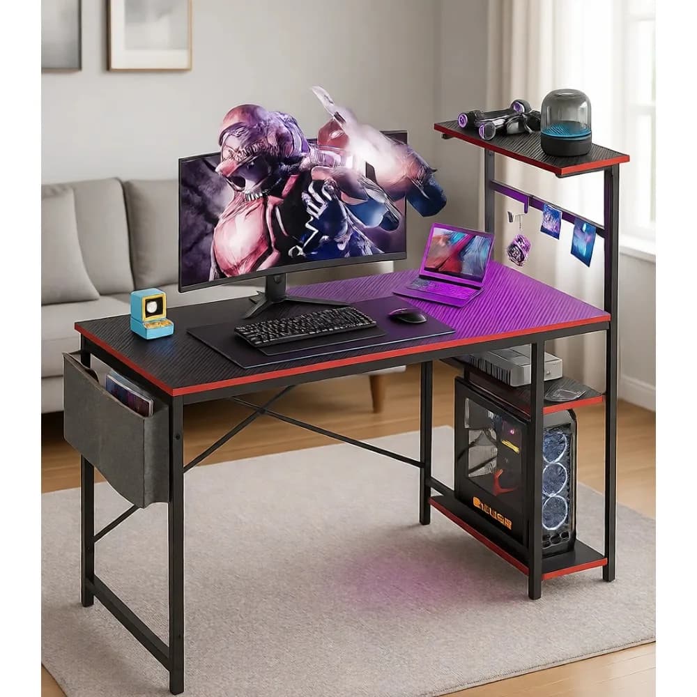 44" LED Gaming Desk - Carbon Fiber, Scratch-Resistant, Steel Frame, X-Bar, 150 lb