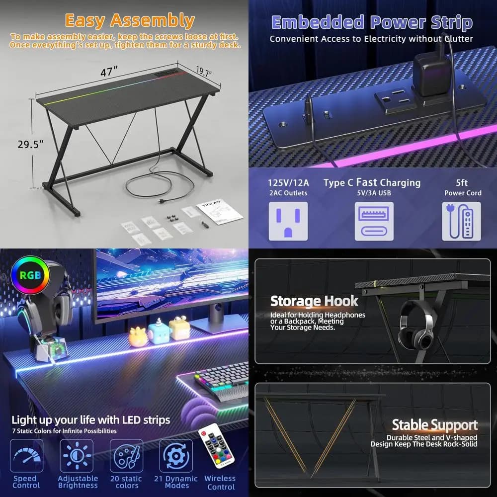 Scrivania da Gaming Ergonomica in Fibra di Carbonio 47 con Prese di Corrente e LED, Perfetta per Postazione PC, Bambini o Gaming in Camera da Letto