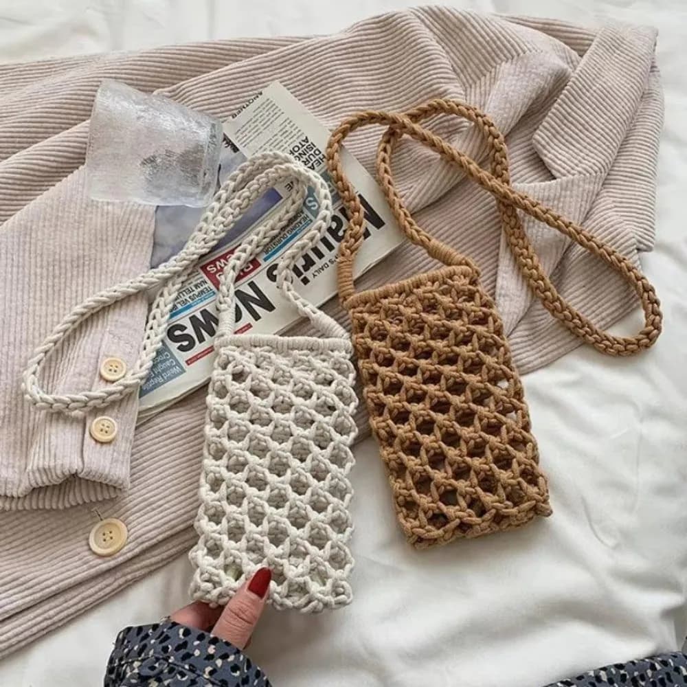 Borsa per telefono portatile alla moda Borsa a tracolla in tinta unita intrecciata scavata Borsa per cellulare leggera all'uncinetto Regali