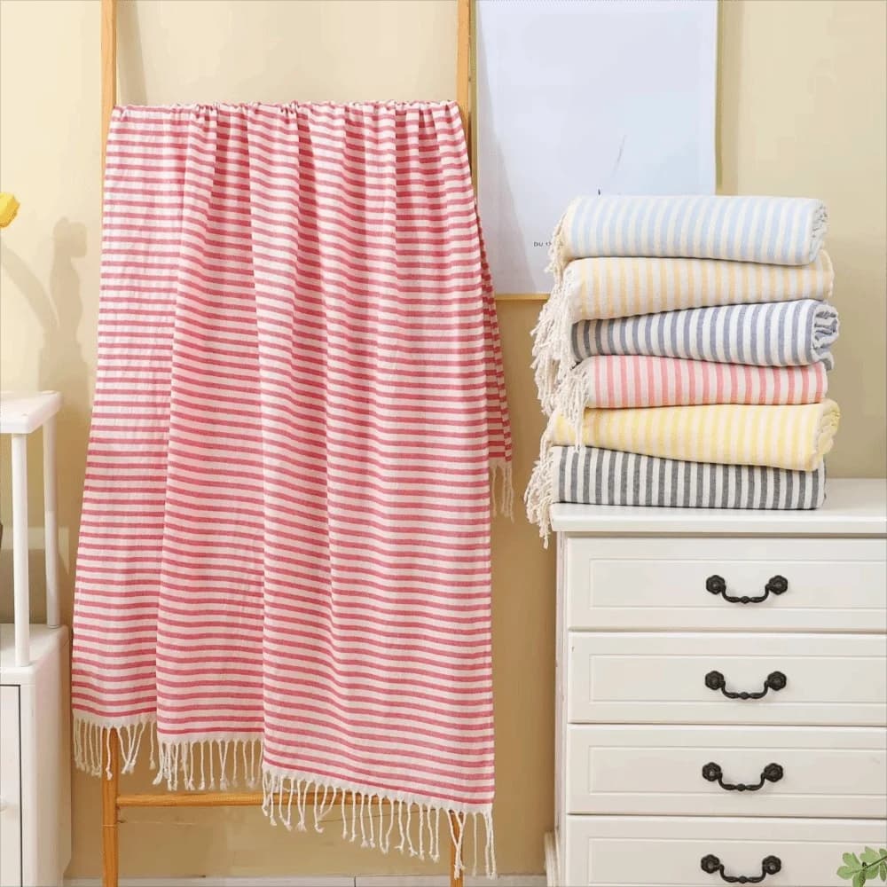 Telo Mare Turco a Righe Assorbente con Nappe, Morbido e Delicato sulla Pelle, in Poliestere-Cotone, Ideale per Nuoto, Viaggi e Casa