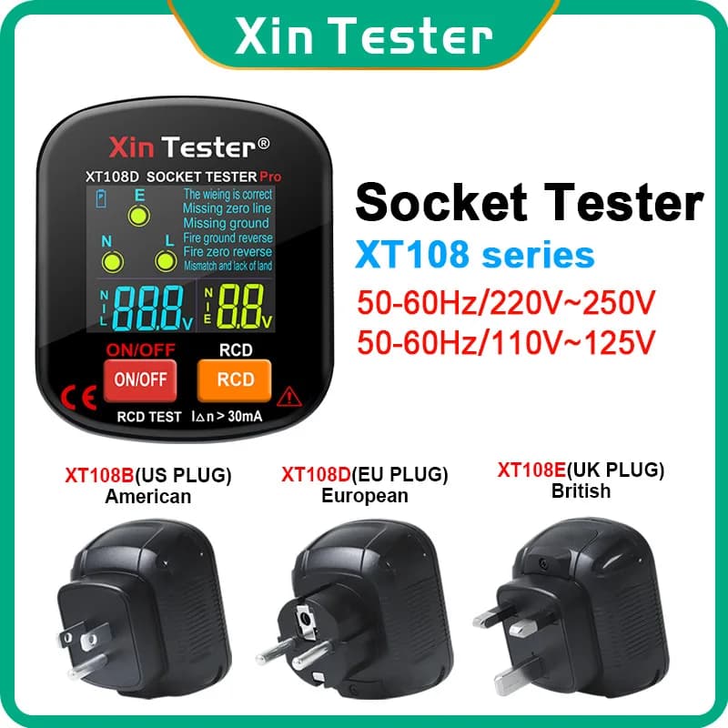 Xin Tester Socket Tester US UK EU Plug RCD GFCI Ground Zero Earth Line Color Screen Output Tester XT108