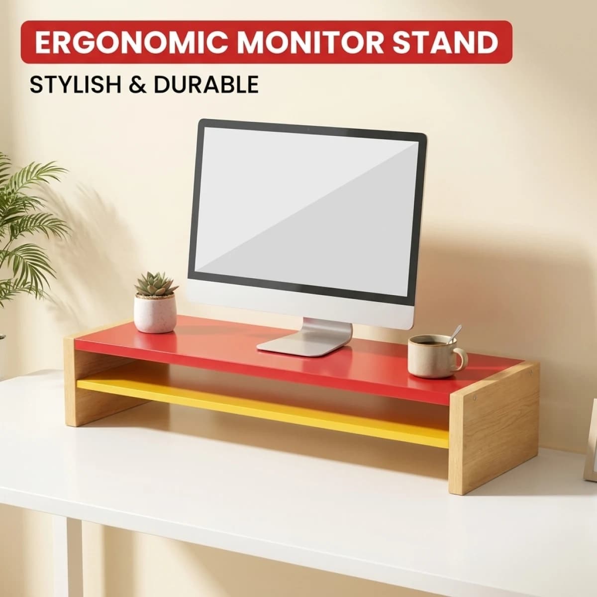 Supporto per Monitor Premium – Solido e Stabile, Mantiene l'Scrivania Ordinata con Vano Portaoggetti Sottostante, Universale per Schermi da 15-27 Pollici