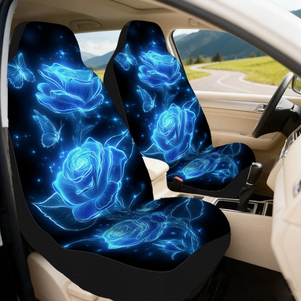 2pcs Stylish Valentine'S Day Blue Roses Butterflies Theme Car Front Seat Covers Soft Breathable Material With Anti-Slip Bottom E