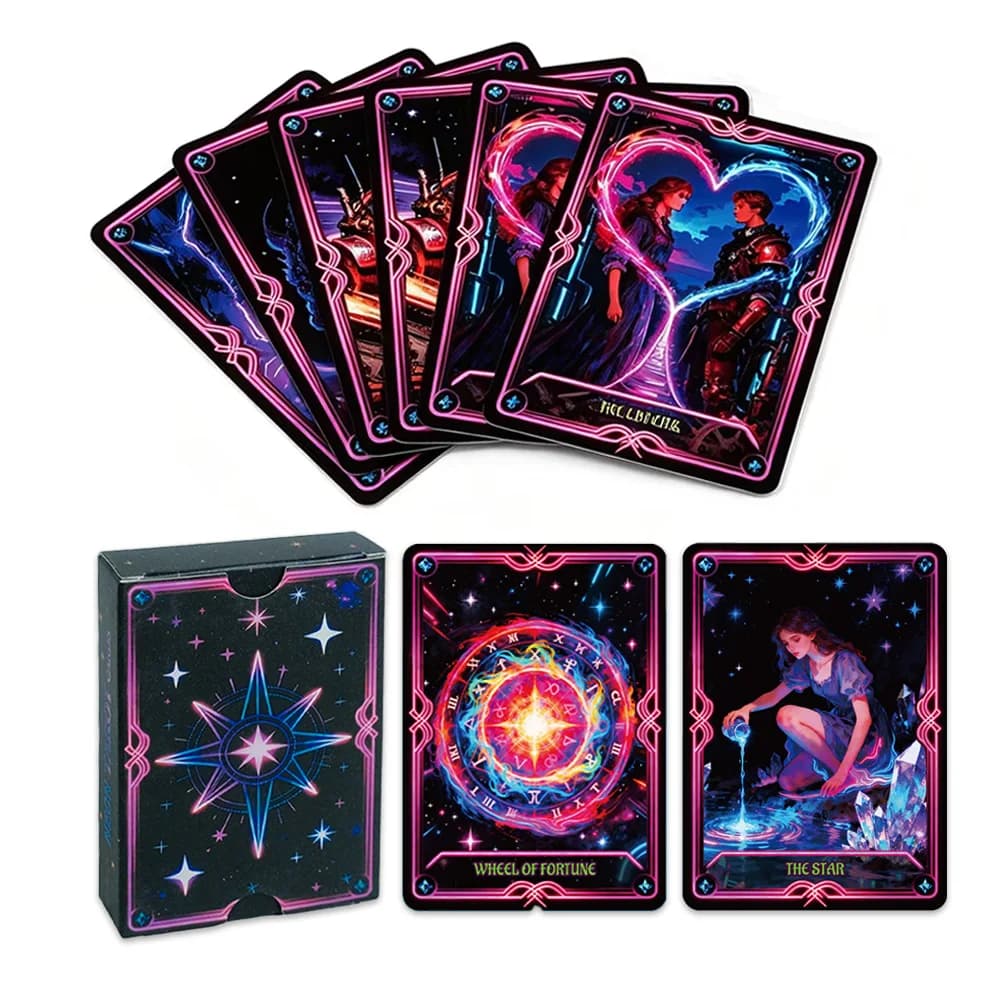 50 carte dei Tarocchi Neon Space (89x64 mm), mazzo di carte per la divinazione in stile cyberpunk, perfetto per serate di gioco, feste e divertimento in famiglia