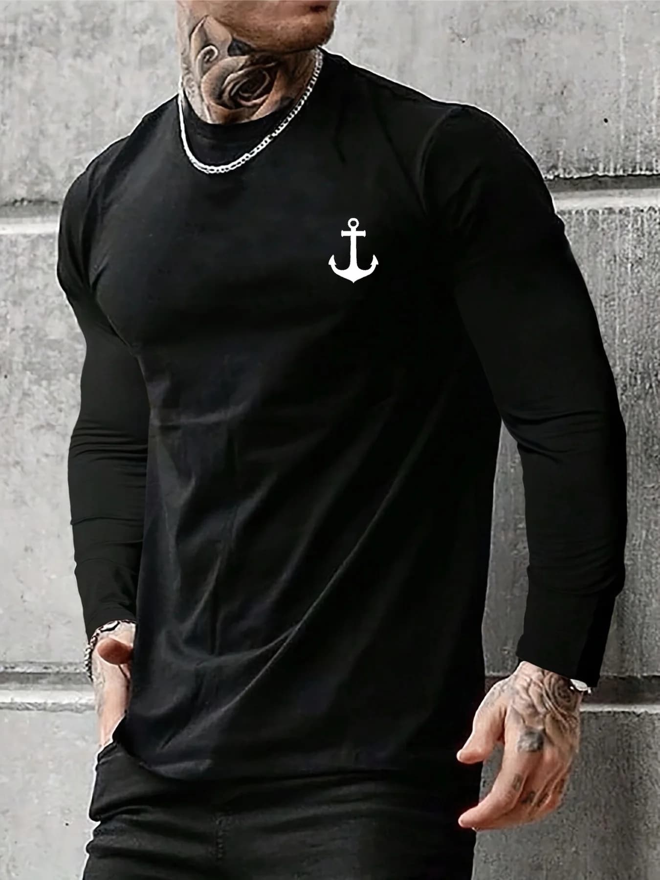 T-shirt versatile primaverile e autunnale con stampa di ancoraggio per barca casual allentata a maniche lunghe da uomo in puro cotone al 100%