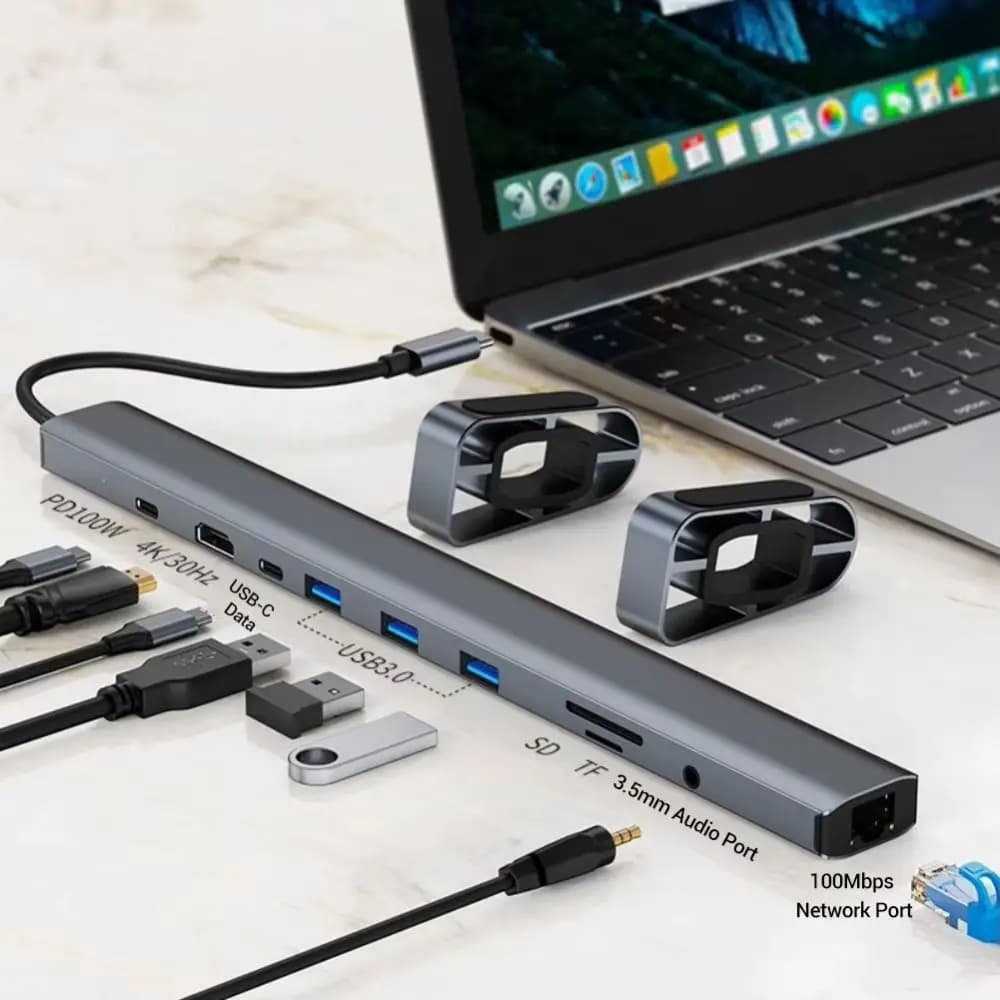 Hub Type-C 10 in 1 4K HDTV, Rete 100Mbps, Ricarica PD 100W, Docking Station USB-C, Trasferimento Dati USB 3.0 per Computer