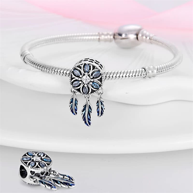 2026 New 925 Sterling Silver Dream Catcher Blue Stone Charms Bead Fit 3mm Original Bracelet DIY Women Fine Birthday Jewelry Gift