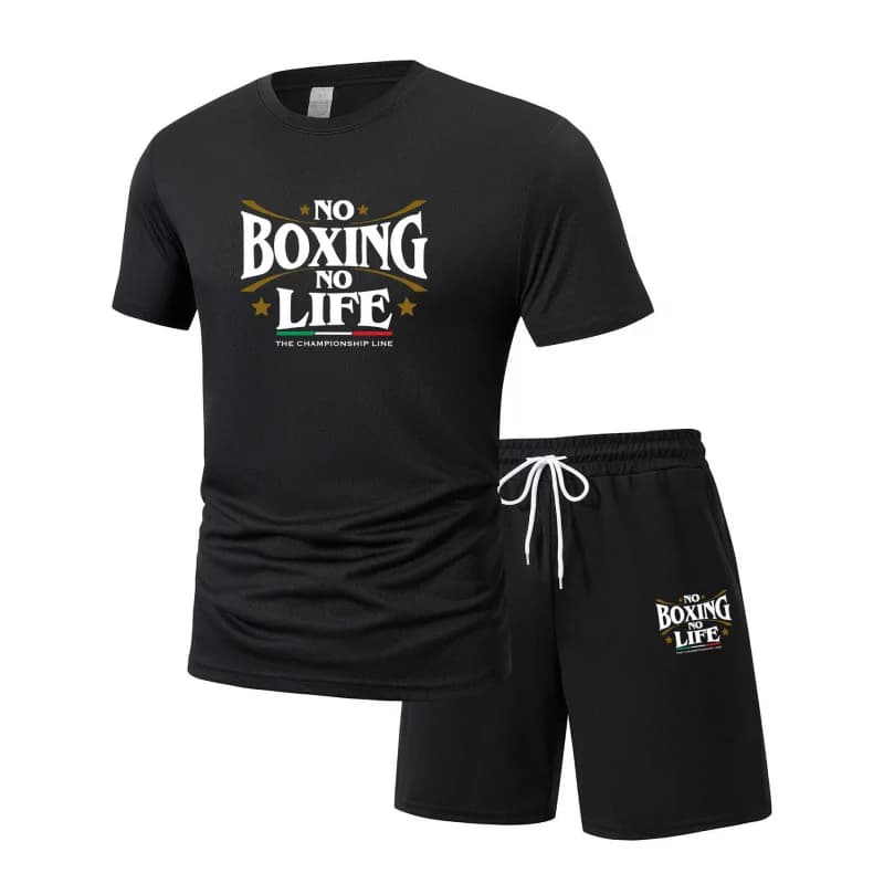 Set Estivo da Uomo 2 Pezzi 'No Boxing No Life', T-Shirt e Pantaloncini Comodi e Traspiranti con Stampa