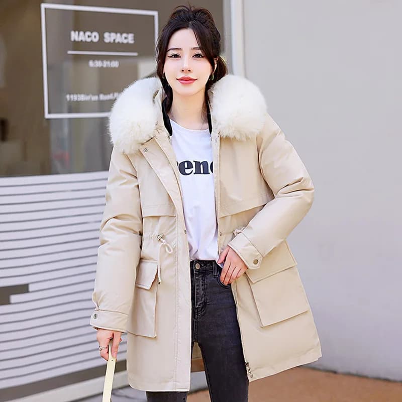 Autumn Women's Parka in Vera Cotton Feather with Fur, Belt, Warm and Modern, Original, with Panels and Details Trendy