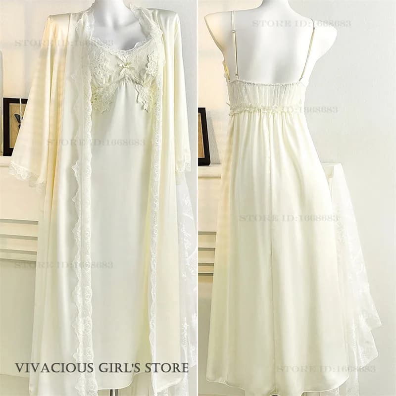 Elegante Vestaglia Lunga da Sposa, Lingerie Sexy in Pizzo, Camicia da Notte, Accappatoio, Nuovo Pigiama in Raso per Primavera/Estate