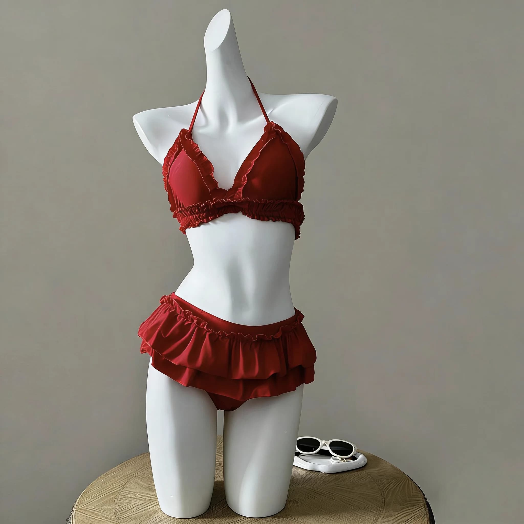 Splendido Bikini Rosso Separato per Terme, Costume da Bagno Pure Desire con Gonna a Strati, Bellissimo Bianco che Valorizza il Seno