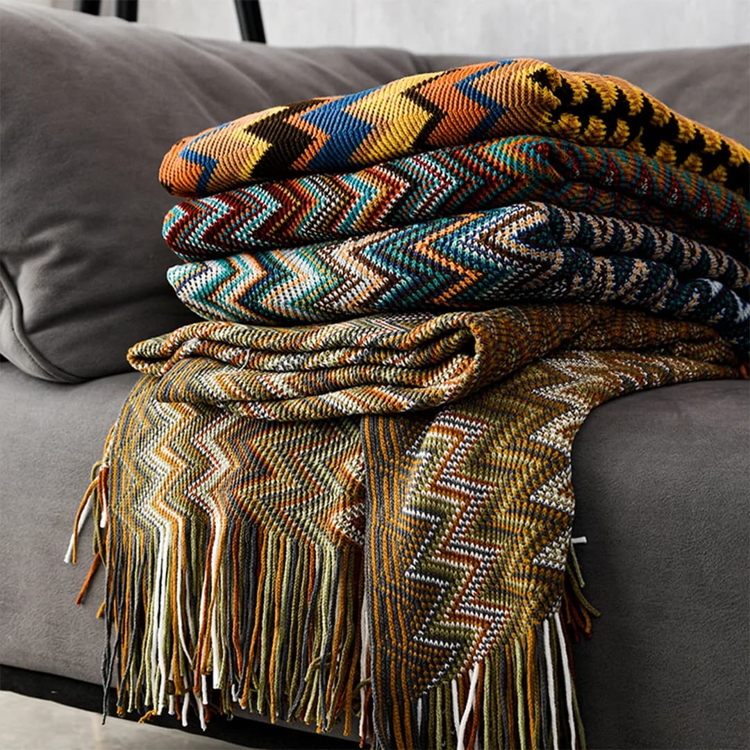 Coperta colorata a zigzag per divano, coperta in maglia, nappe, frange, coperta da viaggio 130x150 cm/130x200 cm, divano per la casa, sedia, divano letto