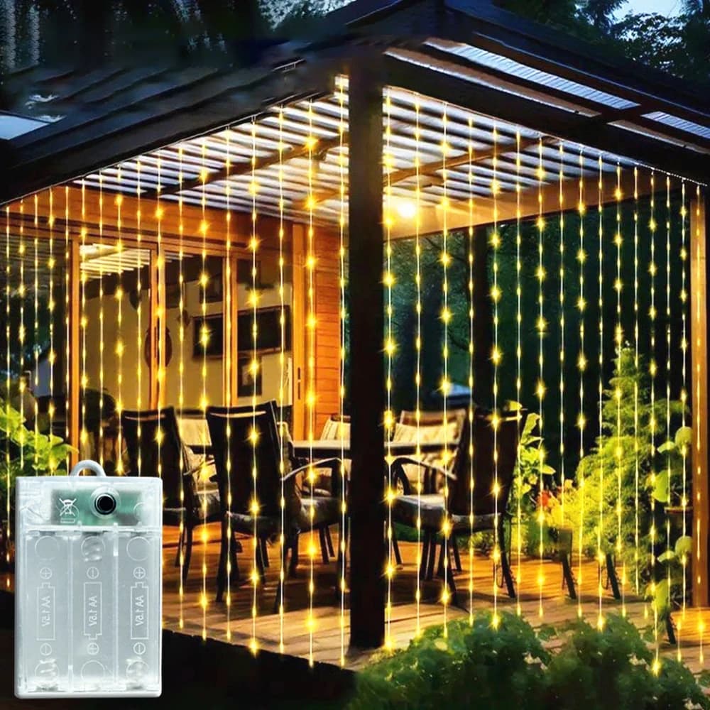 Luci a tenda a batteria 100/200/300 LED per esterni, 8 modalità, per decorazioni natalizie di giardini, recinzioni, patii e pareti