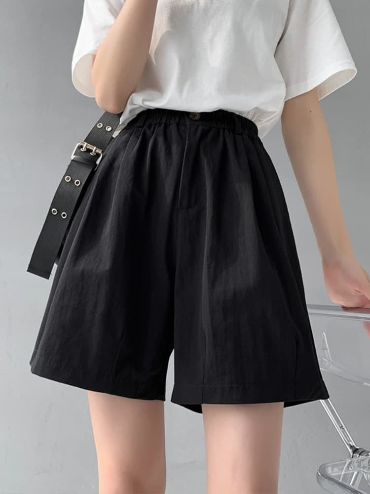 2026 Summer New Cotton Pocket Shorts For Women Elastic Waist With Drawstring Loose Wide Leg Solid Color Bermuda Pants