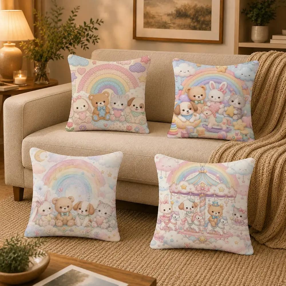 Dreamy Rainbow Dessert World Cushion Cover Washable Soft Plush Cushion Cover Square Pillow Case for Sofa Couch Bed