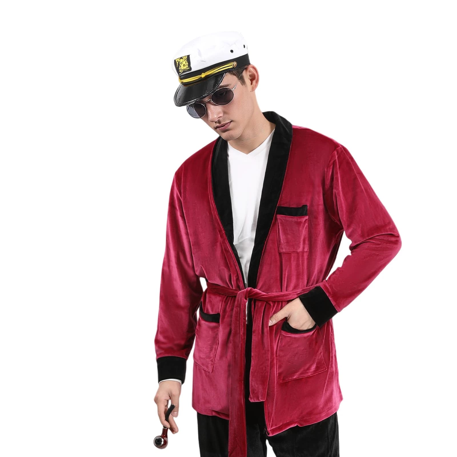 Men's Red Night Shirt in Dark Blue Addensed Flannel Home Set With Cap Glasses Accessories For Adult Halloween Costumes