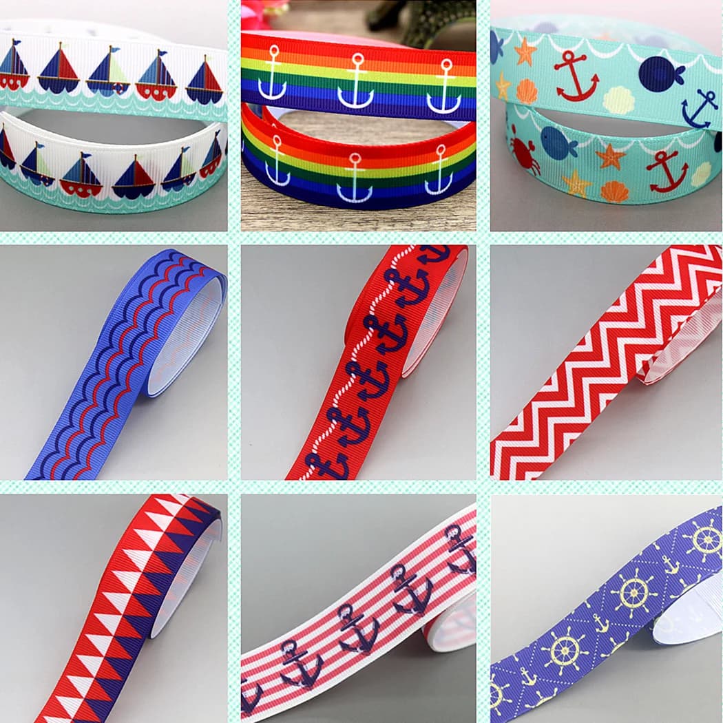 DHK 50yards Anchor Boat Sea Stripe Printed Grosgrain Ribbon Accessories Decoration Headwear Collar DIY Sewing Craft S2552