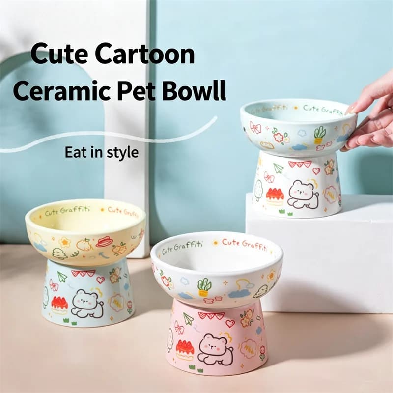 New Elevated Ceramic Cat Bowl Cute Graffiti Pattern Raised Pet Food Water Bowl Anti‑slip Base Protect Neck for Small Dogs Kitten