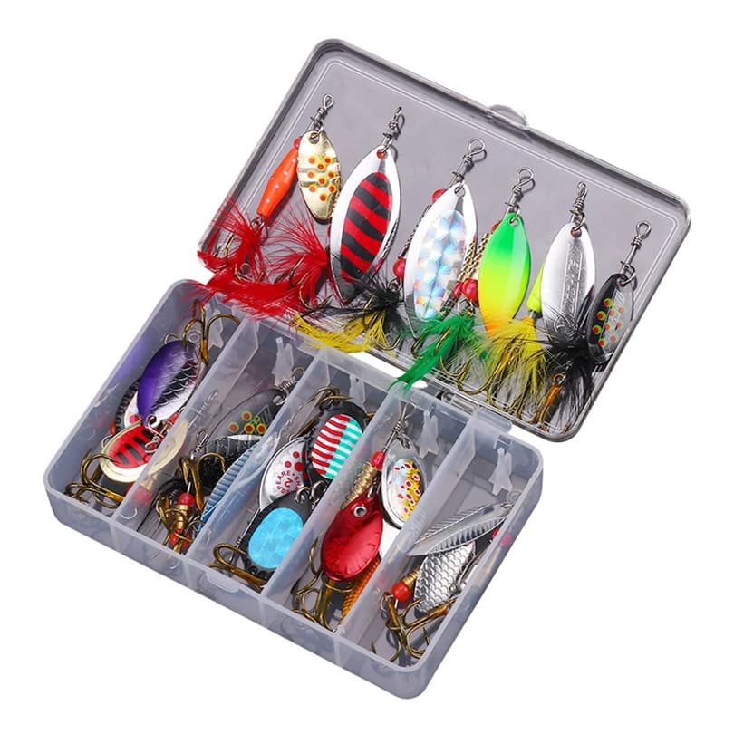20 pieces of hard metal spinner baits for bass trout salmon fishing with box of equipment feather cock tail fishing baits kit
