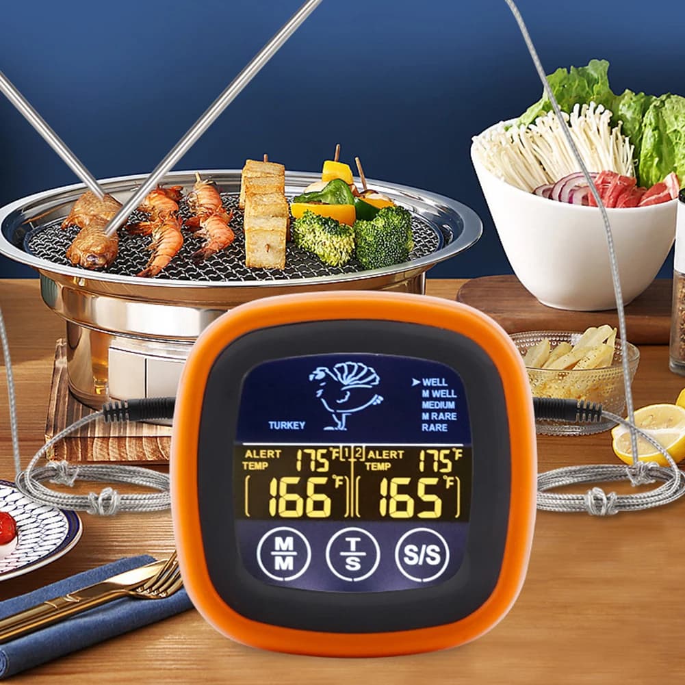 Digital temperature gauge for meat temperature, touch screen probe, waterproof oven, temperature meter for barbecue with 2 grilling probes