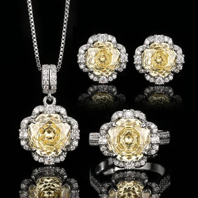 Lussuoso Set di Gioielli con Citrino Giallo, Anello Regolabile, Collana con Ciondolo e Orecchini in Cristallo, Regalo da Sposa per Donne