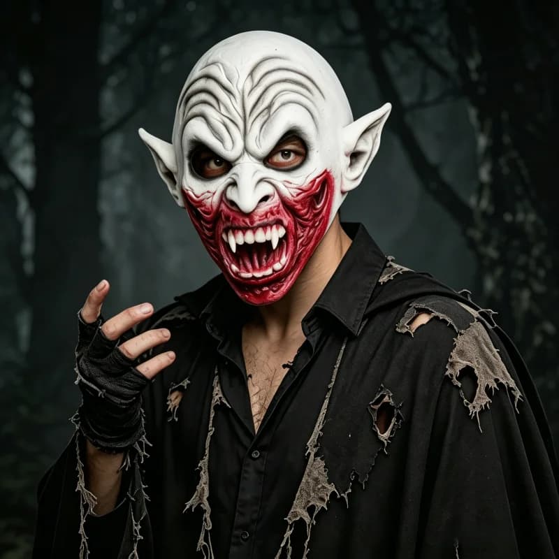 Scary Vampire Demon Latex Mask, Full Face Horror Mask with Pointed Ears & Bloody Fangs, Realistic Adult Mask for Halloween Cospl
