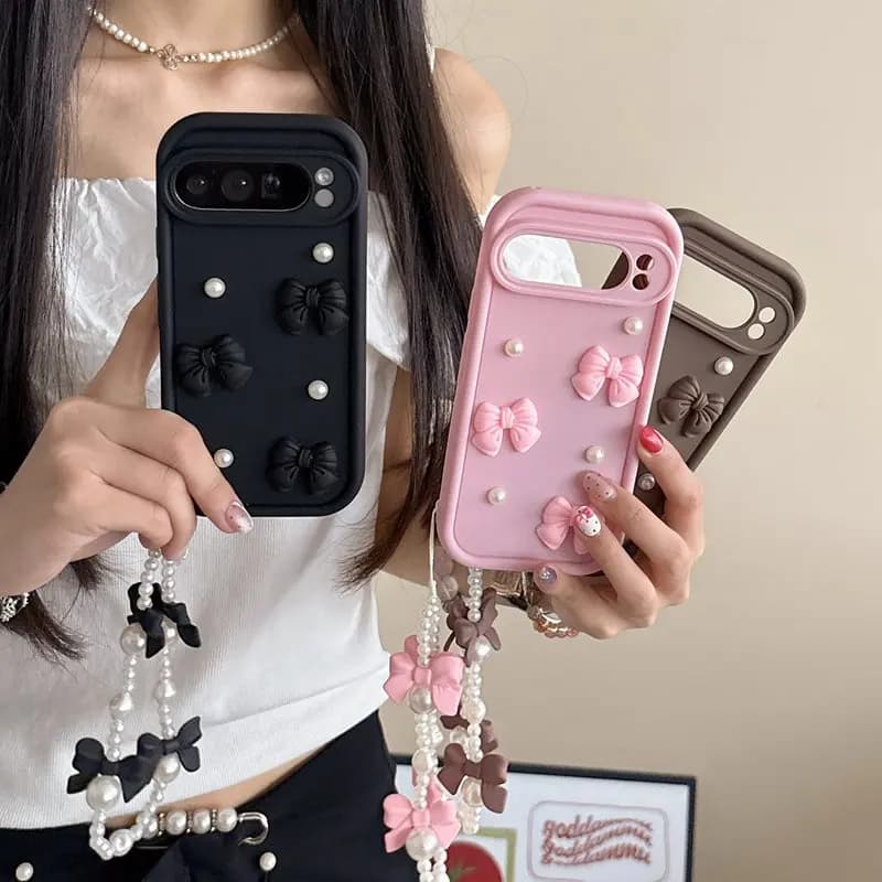 Bow Tie Pearl Chain Rope Phone Case For Motorola Moto Edge 50 Fusion 50 Neo 50 Ultra Pro E13 E14 E32 E22 E22i E20 E30 E40 Cover