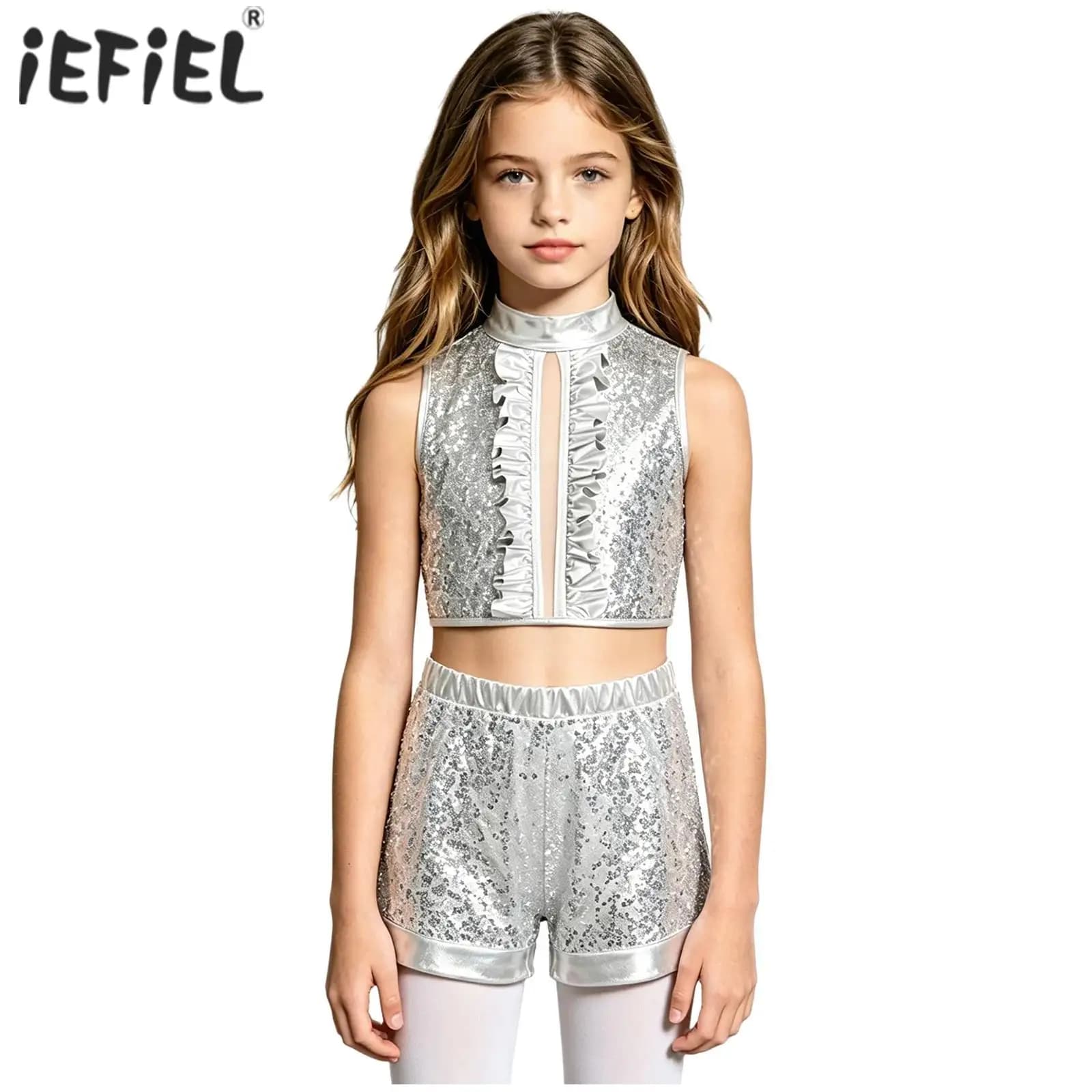 Kids Girls Metallic Sequin Hip Hop Jazz Dance Outfits Performance Costume Back Invisible Zipper Ruffles Crop Top with Shorts