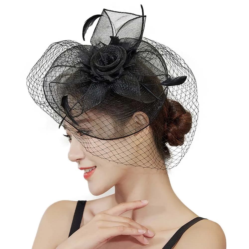 Cappello Fascinator Vintage con Piume e Rete, Squisito Cappello con Velo e Fiocco, Copricapo Elegante, Cerchietto per Capelli, Fascia per Sposa, Matrimonio