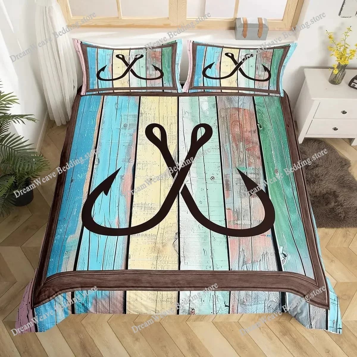 Fishhook Duvet Cover Set Twin Size Fishing Bedding Set Fish Hook Pattern Comforter Set,Modern Quilt Cover for Teen Adult963