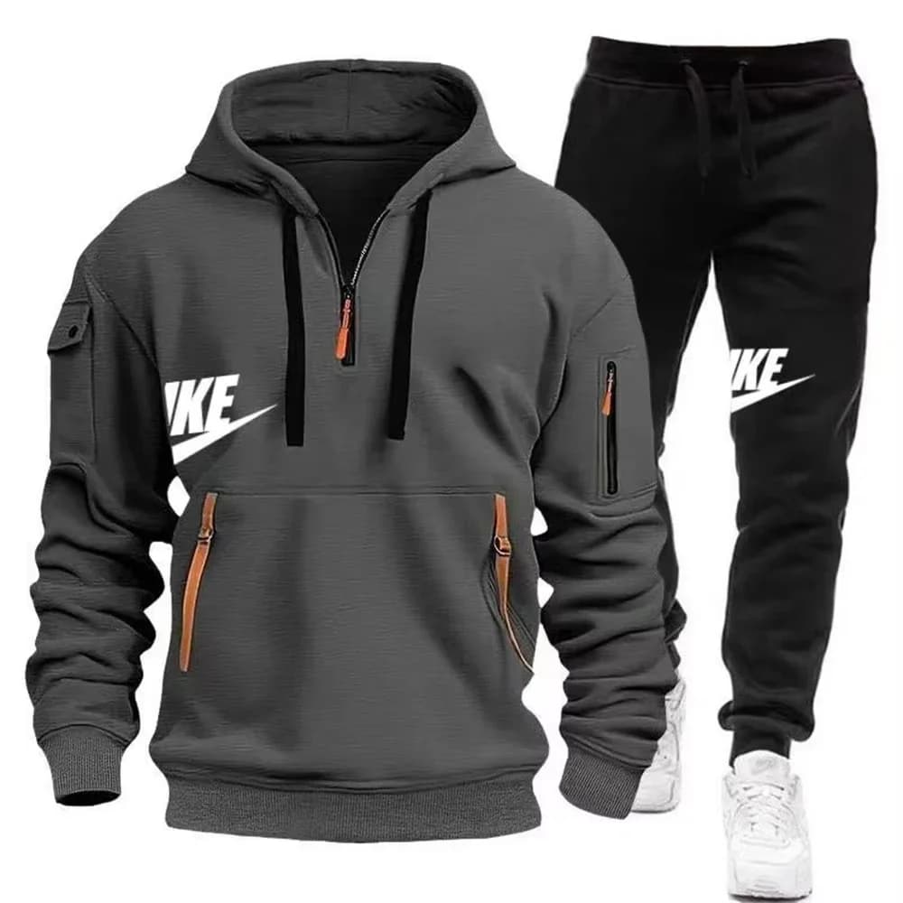 Men Autumn Winter Warm 2 Piece Tracksuit Zipper Hoodie Sweatshirt & Pants Set Casual Sports Jogging Outfit For Male Daily Outdoo