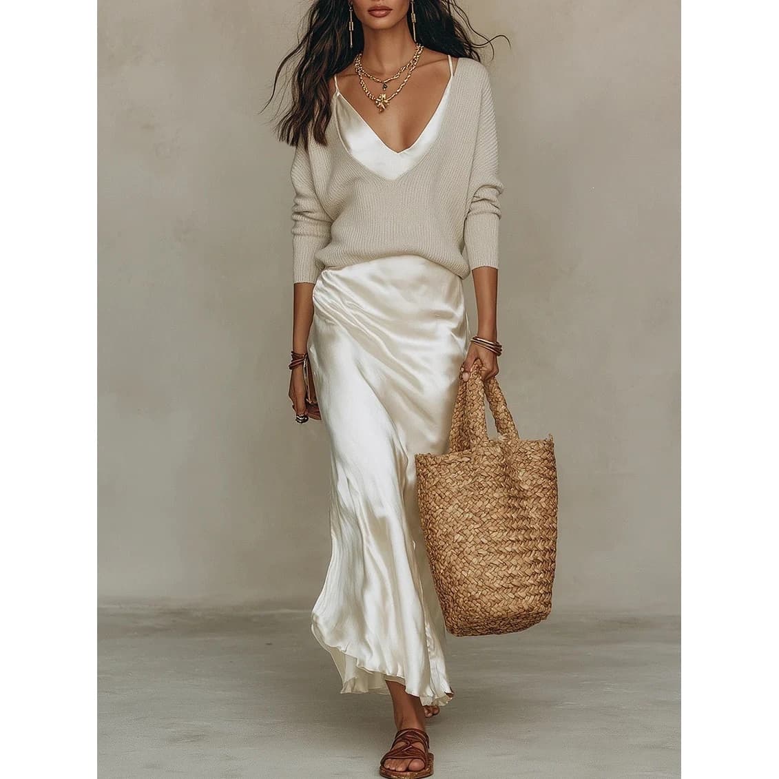 Elegant Two-Piece Suiting Knitted Dress Satin Commuting Women's Casual Pants Long Sleeve Summer Fashion Trend Independent Sta...
