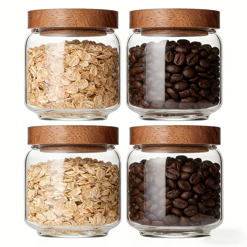 Set di 4 Barattoli in Vetro Trasparente da 15oz con Coperchi in Legno Ermetici, Contenitori per Conservazione Alimenti, Caramelle, Snack, Organizzazione Dispensa