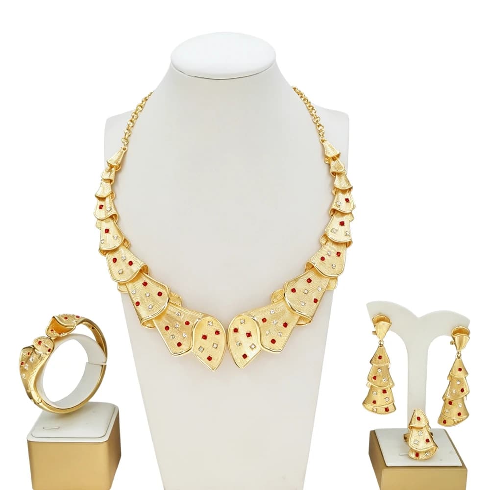 Italian Gold Plated Jewelry Set For Women Red Rhinestone Necklace Earrings Ring Bracelet 4Pcs Wedding Party Jewellery Sets