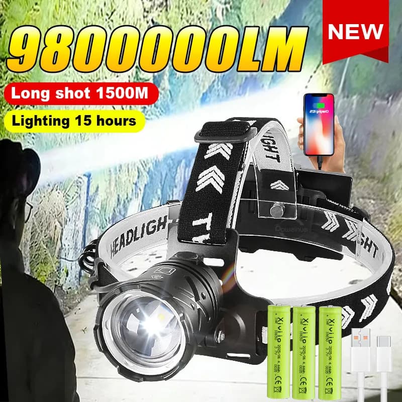 Torcia Frontale LED ad Alta Potenza 98000000LM 800W/L2, Faro a Lungo Raggio Ultra Luminoso, Torcia 18650 per Campeggio e Pesca