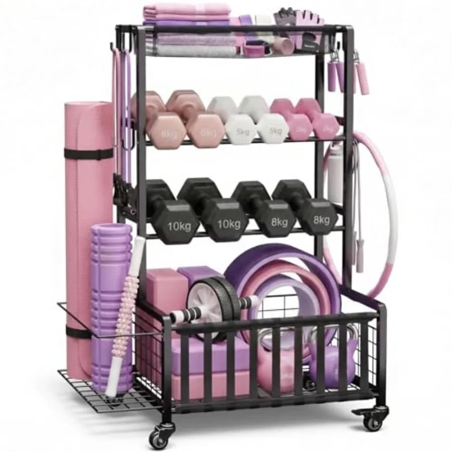 Porta Pesi Regolabile per Palestra Domestica, Organizzatore Robusto per Manubri e Kettlebell con Ruote e Ganci, Contiene Tappetino Yoga