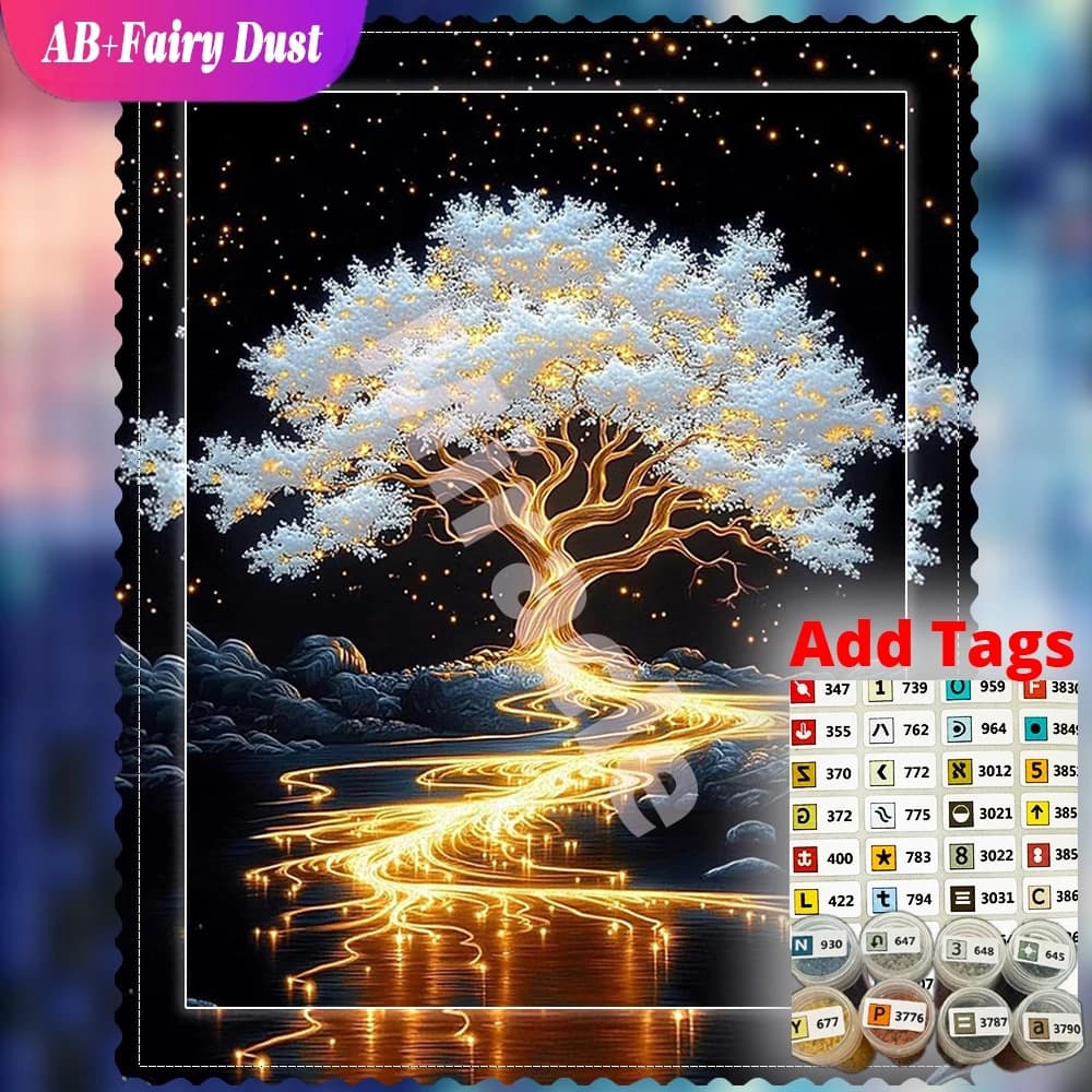 Fairy Dust AB 5D Diamond Painting golden glowing tree light Full Square Round Landscape Mystic Mosaic Wall Decor
