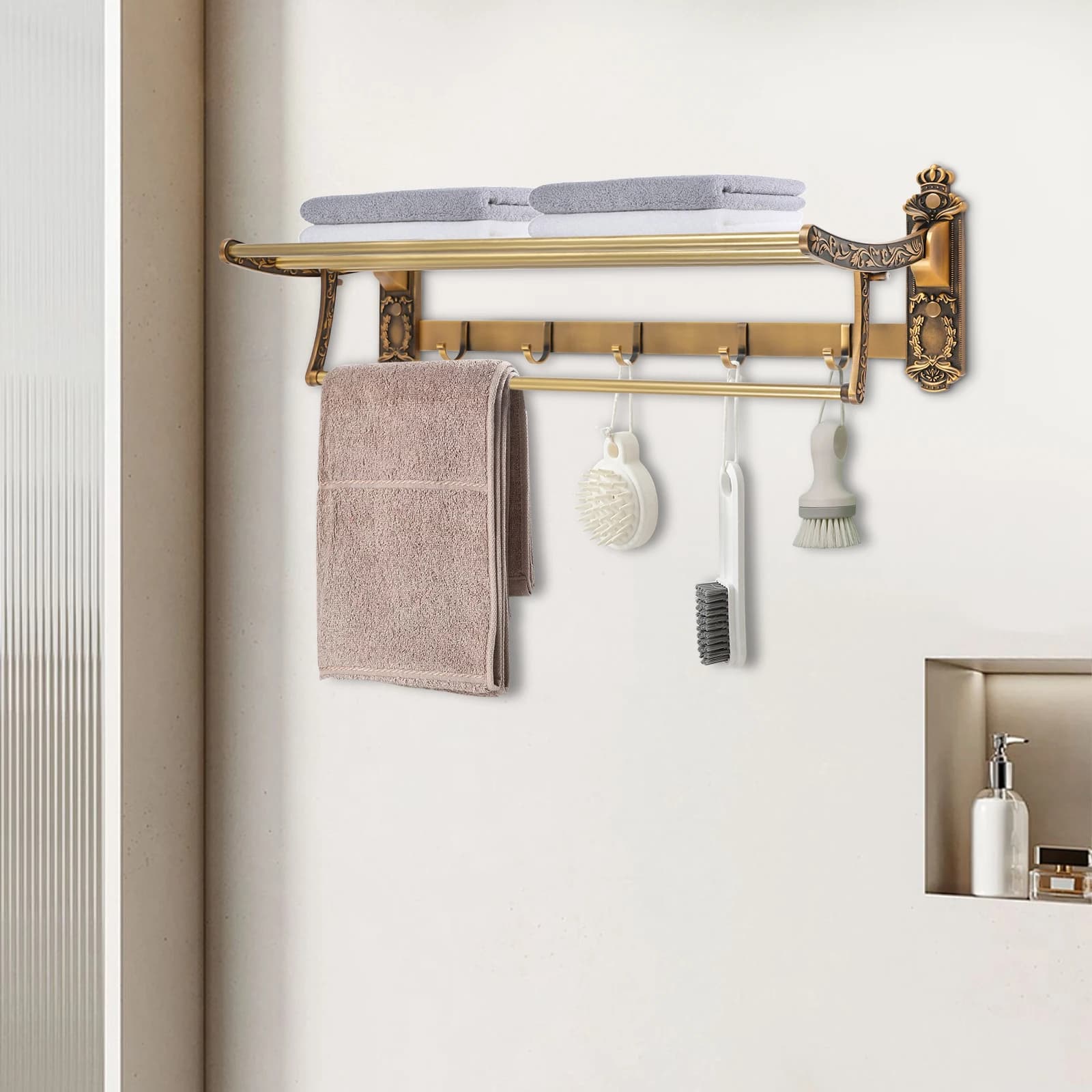 Portasciugamani Vintage, Mensola Pieghevole per Bagno, Porta Asciugamani a 5 Barre con Ganci, Montaggio a Parete in Lega di Alluminio, per Arredo Bagno e Hotel
