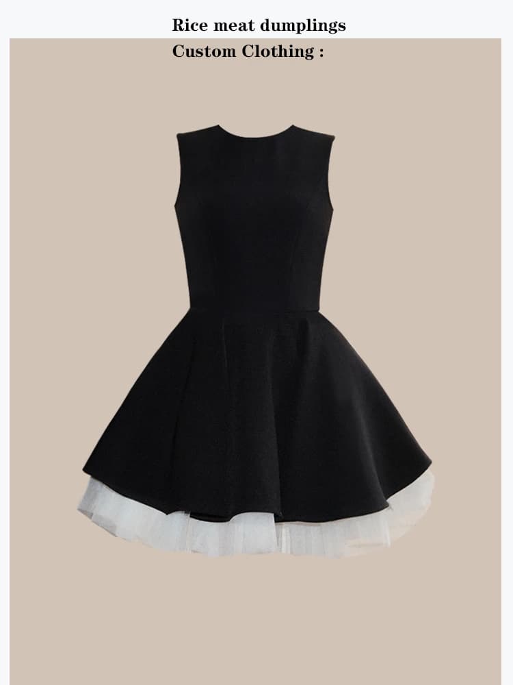 French Style Hepburn Heavy Embroidery Mesh No Sleeve Ballet Skirt Waist Cinching Puffy Skirt Short Dress Pure Color round Neck