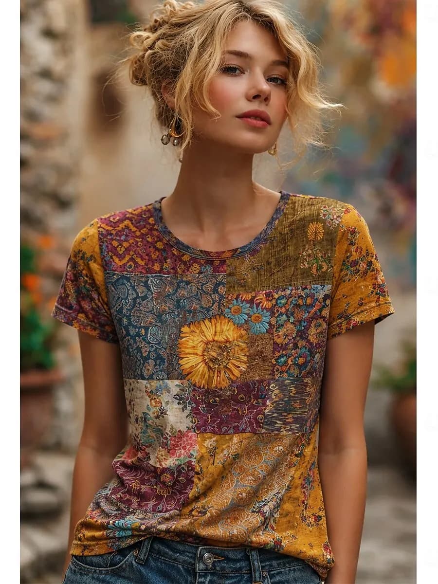 Women's Plants Abstract Vintage Graphic T-Shirt, Crew Neck Short Sleeve Daily Tops, Casual Weekend Wear for Spring & Summer
